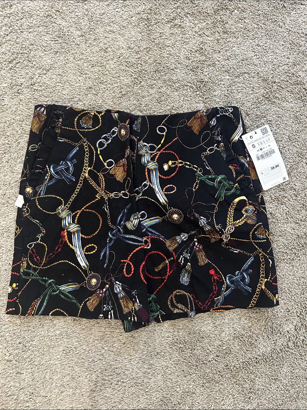 ZARA Women's Black Chain & Tassel Print Shorts